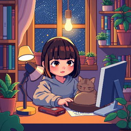 A pixel art scene featuring a young Asian girl with straight bangs, intently focused on coding in a cozy nook