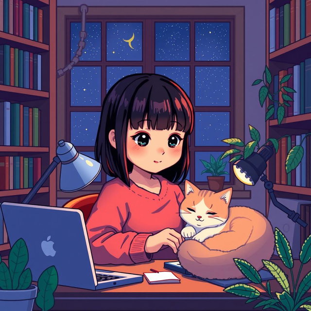 A pixel art scene featuring a young Asian girl with straight bangs, intently focused on coding in a cozy nook