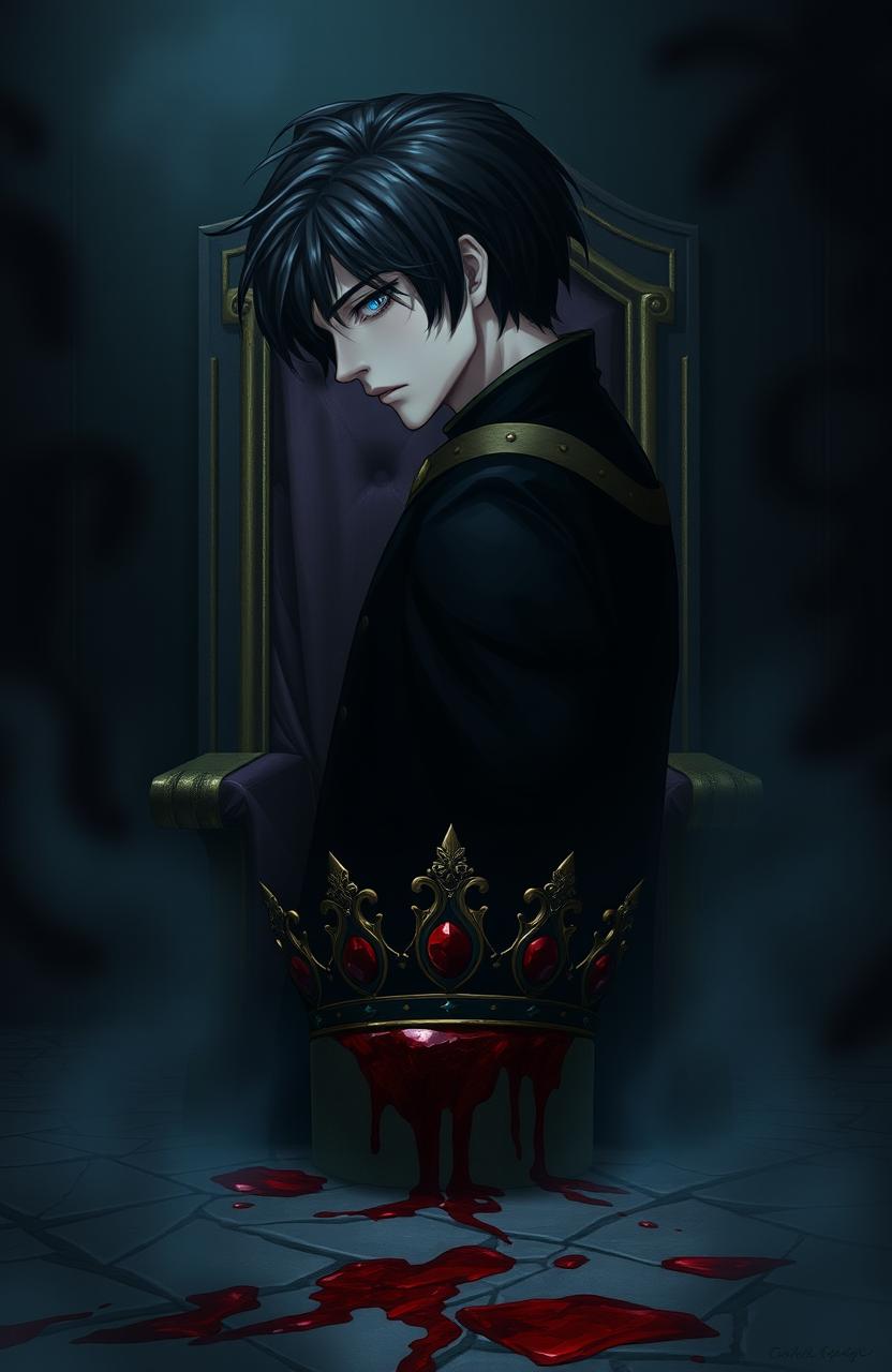 A young man named Caius/Voltaire with black hair (originally golden) and sharp blue eyes, standing sideways with his face tilted downwards, conveying a cold and emotionless expression, creating an aura of mystery and vengeance