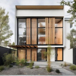 An exposed front view of a Scandinavian industrial style house incorporating bamboo elements. The design displays a minimalist structure with white walls, dark metal frames, raw industrial features, and sizeable glass windows. The bamboo elements shine in fences, decorative highlights and surrounding landscaping.