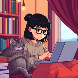 A pixel art scene depicting an Asian girl with glasses and bangs sitting in a cozy nook, intensely focused on coding on her laptop