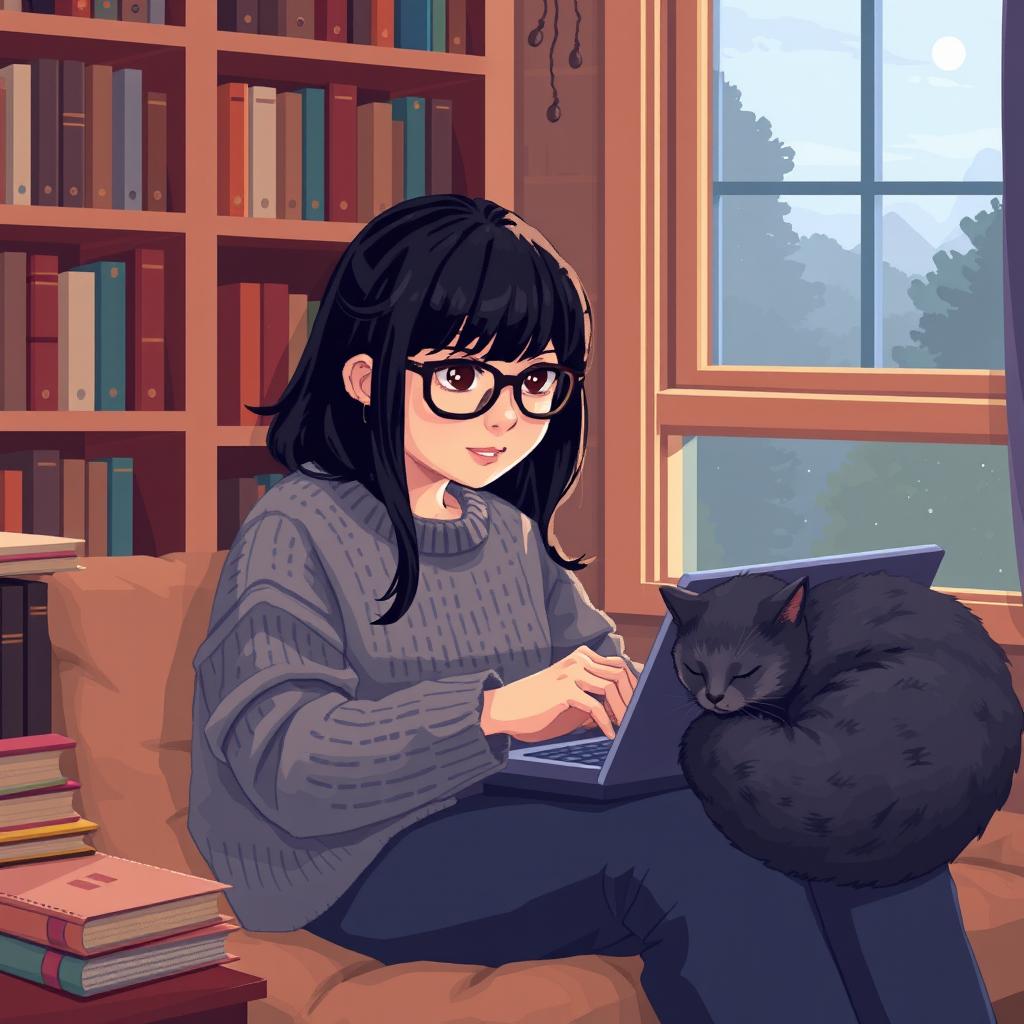 A pixel art scene depicting an Asian girl with glasses and bangs sitting in a cozy nook, intensely focused on coding on her laptop