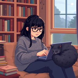A pixel art scene depicting an Asian girl with glasses and bangs sitting in a cozy nook, intensely focused on coding on her laptop