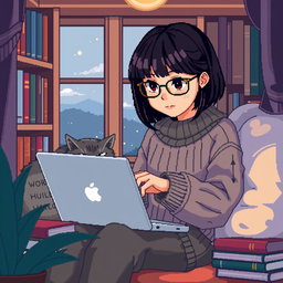 A pixel art scene depicting an Asian girl with glasses and bangs sitting in a cozy nook, intensely focused on coding on her laptop
