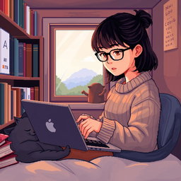A pixel art scene depicting an Asian girl with glasses and bangs sitting in a cozy nook, intensely focused on coding on her laptop