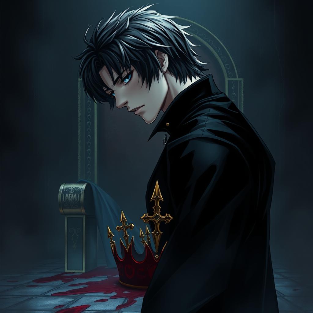 A young man named Caius/Voltaire with black hair (originally golden) and sharp blue eyes, standing sideways with his face tilted downwards, conveying a cold and emotionless expression that creates an aura of mystery and vengeance