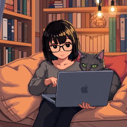 A pixel art scene featuring an Asian girl with glasses and bangs, intently coding on a laptop in a cozy nook