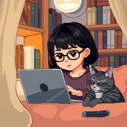 A pixel art scene featuring an Asian girl with glasses and bangs, intently coding on a laptop in a cozy nook