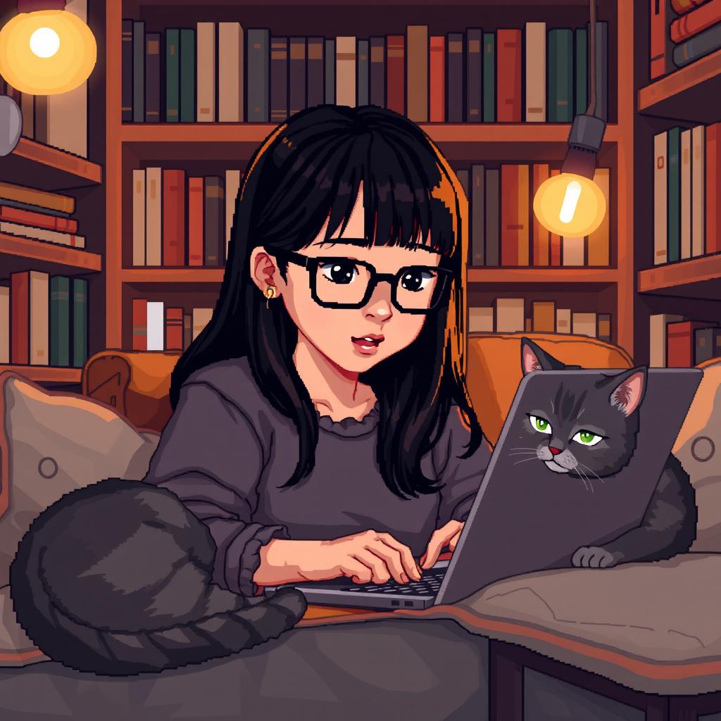 A pixel art scene featuring an Asian girl with glasses and bangs, intently coding on a laptop in a cozy nook