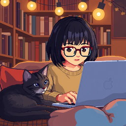 A pixel art scene featuring an Asian girl with glasses and bangs, intently coding on a laptop in a cozy nook