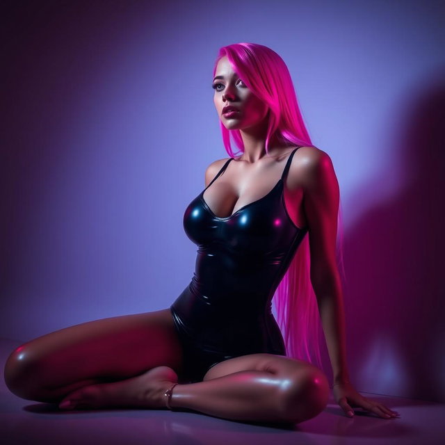 A sexy skinny girl with vibrant pink hair, kneeling submissively and looking up at the camera
