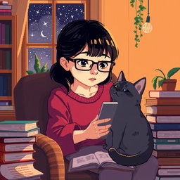 Pixel art of an Asian girl with glasses and bangs, deeply focused on coding in a cozy nook
