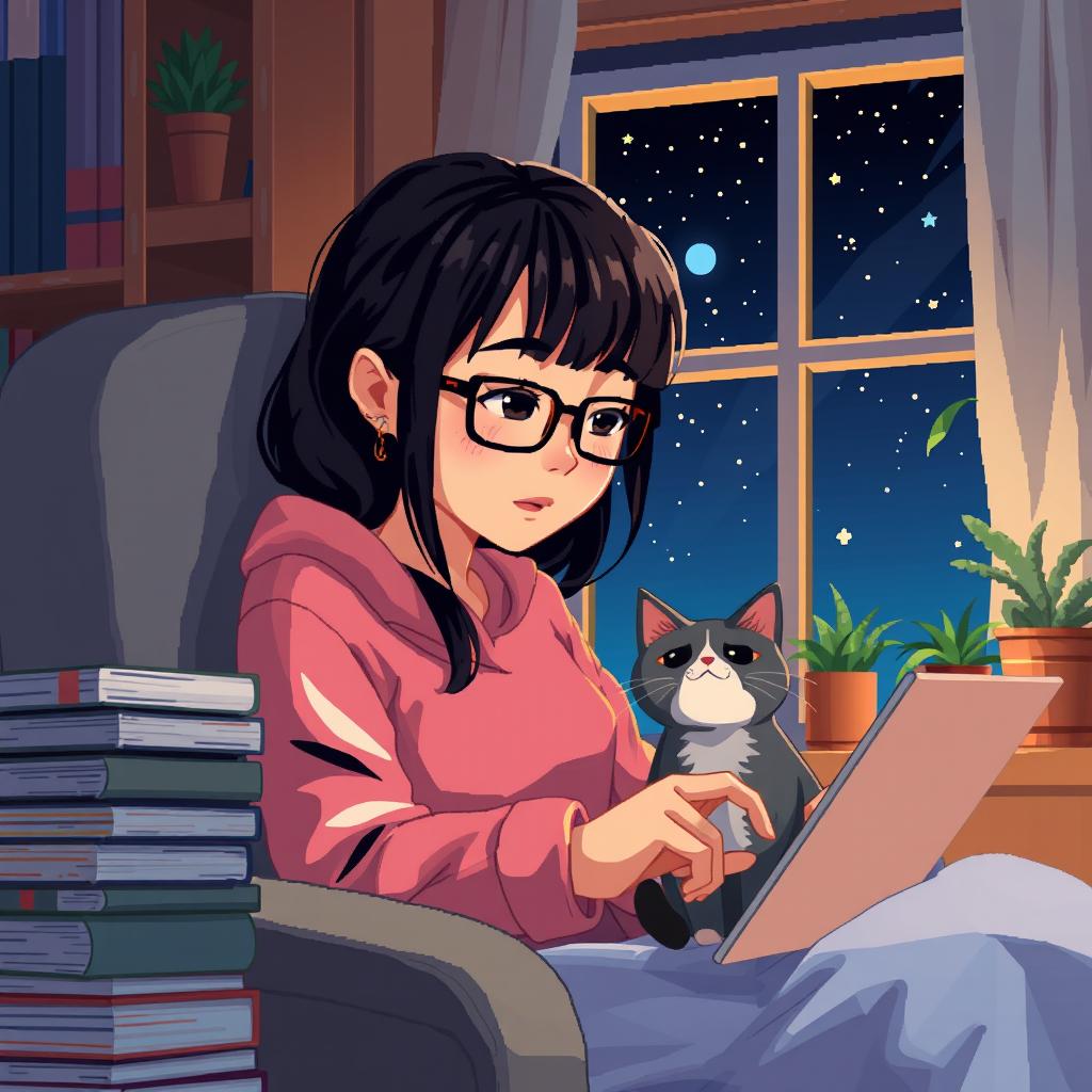 Pixel art of an Asian girl with glasses and bangs, deeply focused on coding in a cozy nook