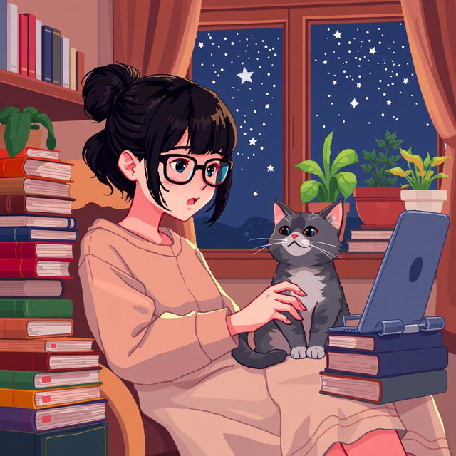 Pixel art of an Asian girl with glasses and bangs, deeply focused on coding in a cozy nook