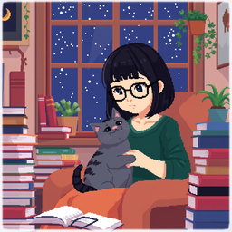 Pixel art of an Asian girl with glasses and bangs, deeply focused on coding in a cozy nook