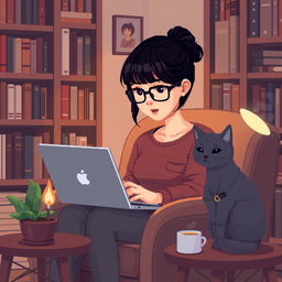 A pixel art illustration of an Asian girl with glasses and bangs, intently coding on her laptop in a cozy nook