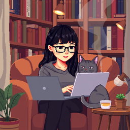 A pixel art illustration of an Asian girl with glasses and bangs, intently coding on her laptop in a cozy nook