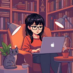 A pixel art illustration of an Asian girl with glasses and bangs, intently coding on her laptop in a cozy nook