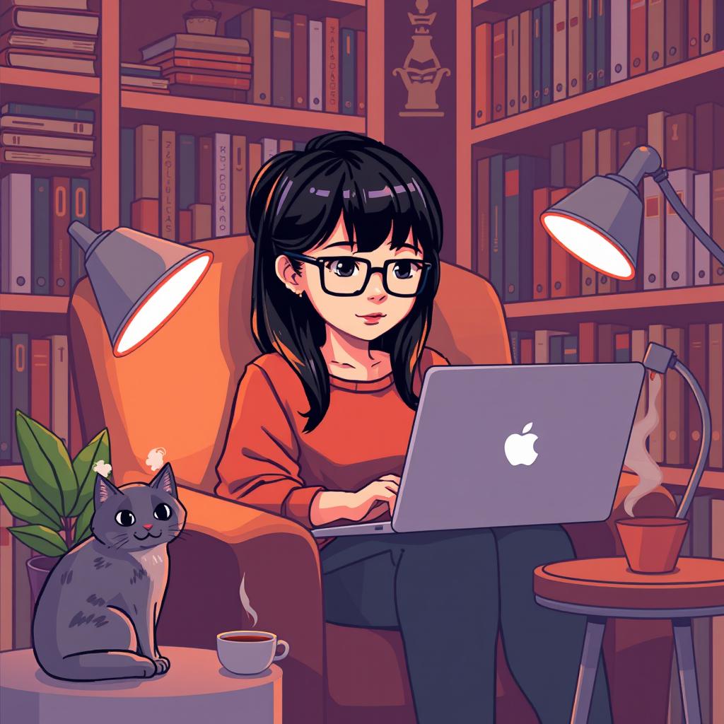A pixel art illustration of an Asian girl with glasses and bangs, intently coding on her laptop in a cozy nook