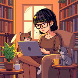 A pixel art illustration of an Asian girl with glasses and bangs, intently coding on her laptop in a cozy nook