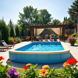 A stunning outdoor scene featuring a large, vibrant canvas pool set up in a beautiful backyard