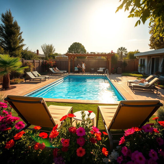 A stunning outdoor scene featuring a large, vibrant canvas pool set up in a beautiful backyard