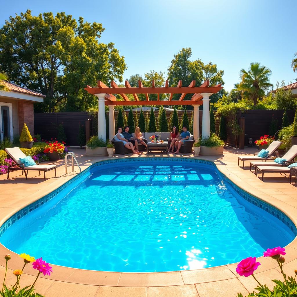 A stunning outdoor scene featuring a large, vibrant canvas pool set up in a beautiful backyard