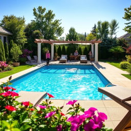 A stunning outdoor scene featuring a large, vibrant canvas pool set up in a beautiful backyard