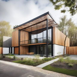 An exposed front view of a Scandinavian industrial style house incorporating bamboo elements. The design displays a minimalist structure with white walls, dark metal frames, raw industrial features, and sizeable glass windows. The bamboo elements shine in fences, decorative highlights and surrounding landscaping.