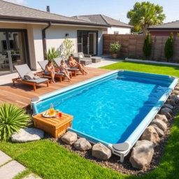 A modern prefabricated tarpaulin swimming pool set up in a stylish backyard, beautifully integrated into the outdoor landscape