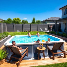 A modern prefabricated tarpaulin swimming pool set up in a stylish backyard, beautifully integrated into the outdoor landscape