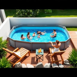 A modern prefabricated tarpaulin swimming pool set up in a stylish backyard, beautifully integrated into the outdoor landscape