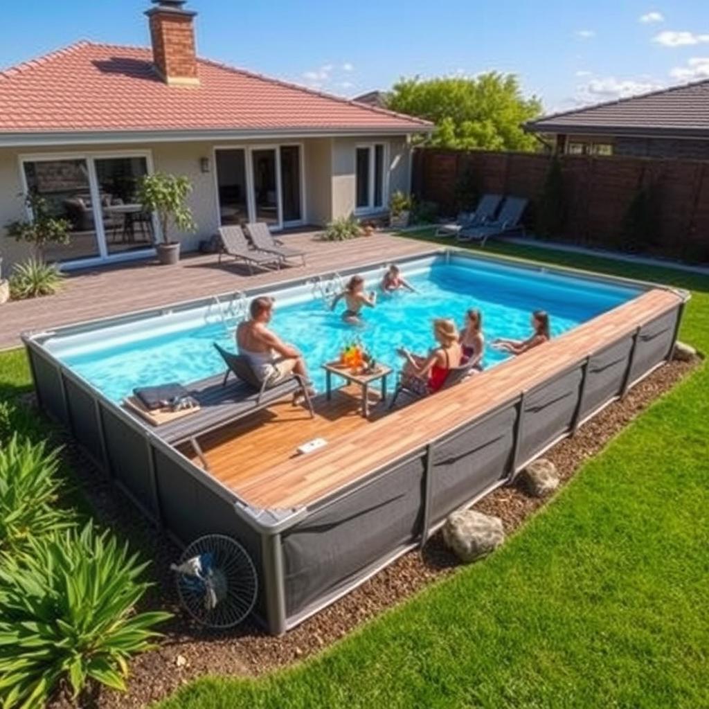 A modern prefabricated tarpaulin swimming pool set up in a stylish backyard, beautifully integrated into the outdoor landscape