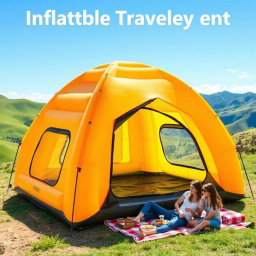 An innovative inflatable travel tent set up in a picturesque outdoor setting, showcasing its ease of use and versatility