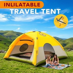 An innovative inflatable travel tent set up in a picturesque outdoor setting, showcasing its ease of use and versatility