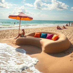 A uniquely designed sand sofa creatively integrated into a picturesque beach setting