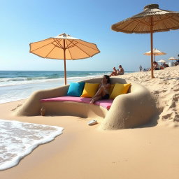 A uniquely designed sand sofa creatively integrated into a picturesque beach setting