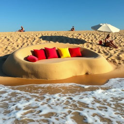 A uniquely designed sand sofa creatively integrated into a picturesque beach setting