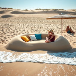 A uniquely designed sand sofa creatively integrated into a picturesque beach setting