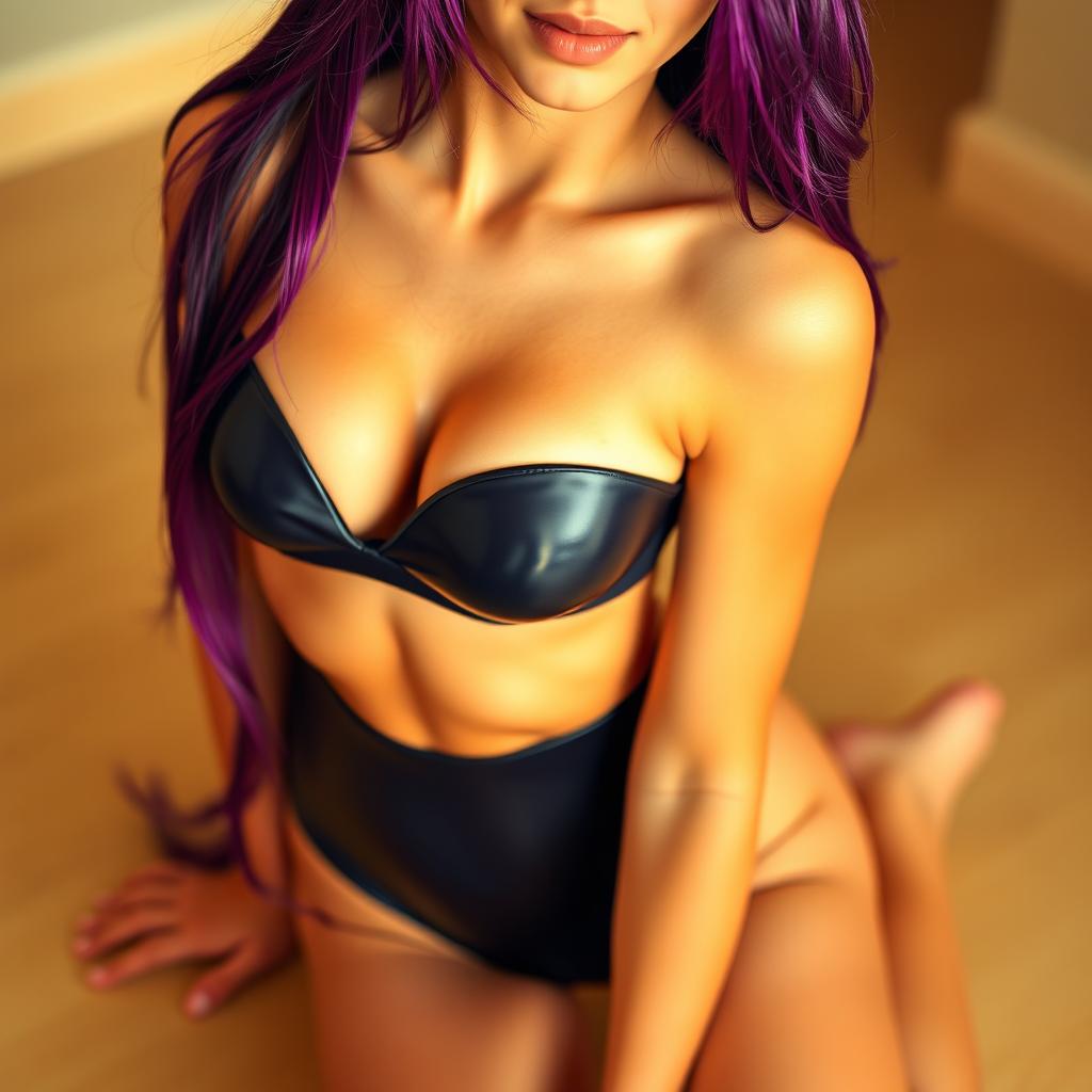 A sexy skinny girl with vibrant purple hair, wearing a skin-tight shiny lycra bikini that accentuates her large bosom