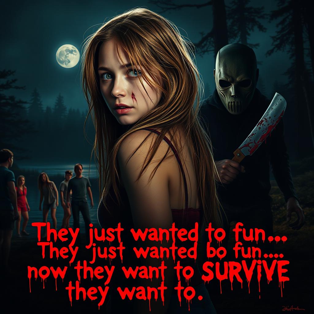 A terrified Jamie Harper as the final girl, looking back over her shoulder with bright amber eyes, long disheveled hair, and a small cut on her face