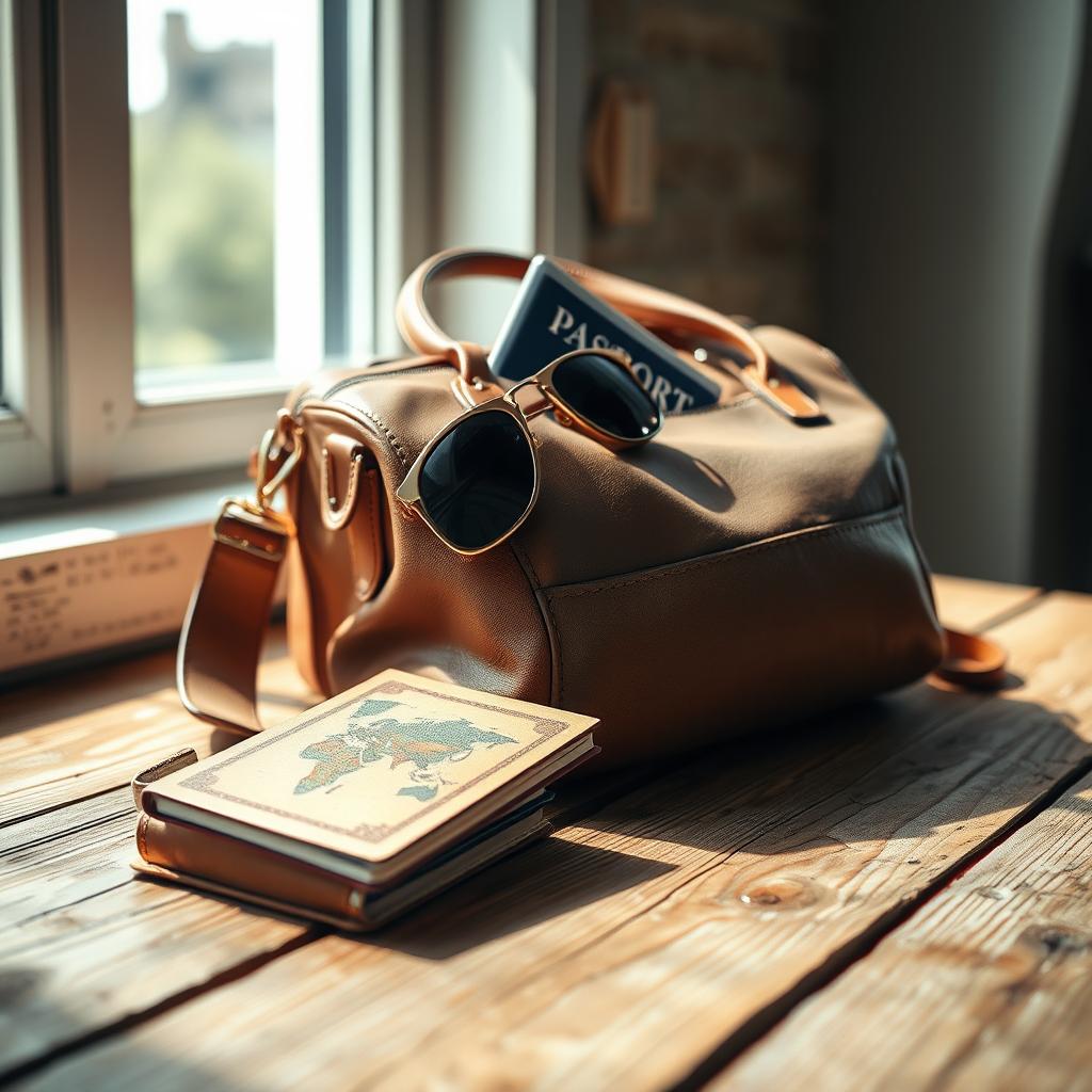 A visually striking image featuring a stylish and modern bag placed on a rustic wooden surface