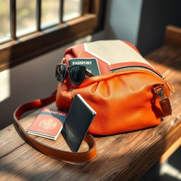 A visually striking image featuring a stylish and modern bag placed on a rustic wooden surface