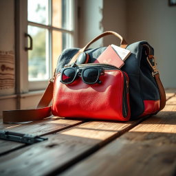 A visually striking image featuring a stylish and modern bag placed on a rustic wooden surface