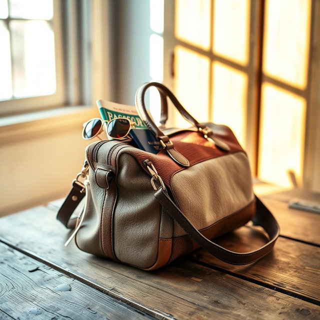 A visually striking image featuring a stylish and modern bag placed on a rustic wooden surface