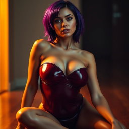 A sexy skinny girl with bold purple hair, dressed in a skin-tight shiny lycra bikini that emphasizes her large bust