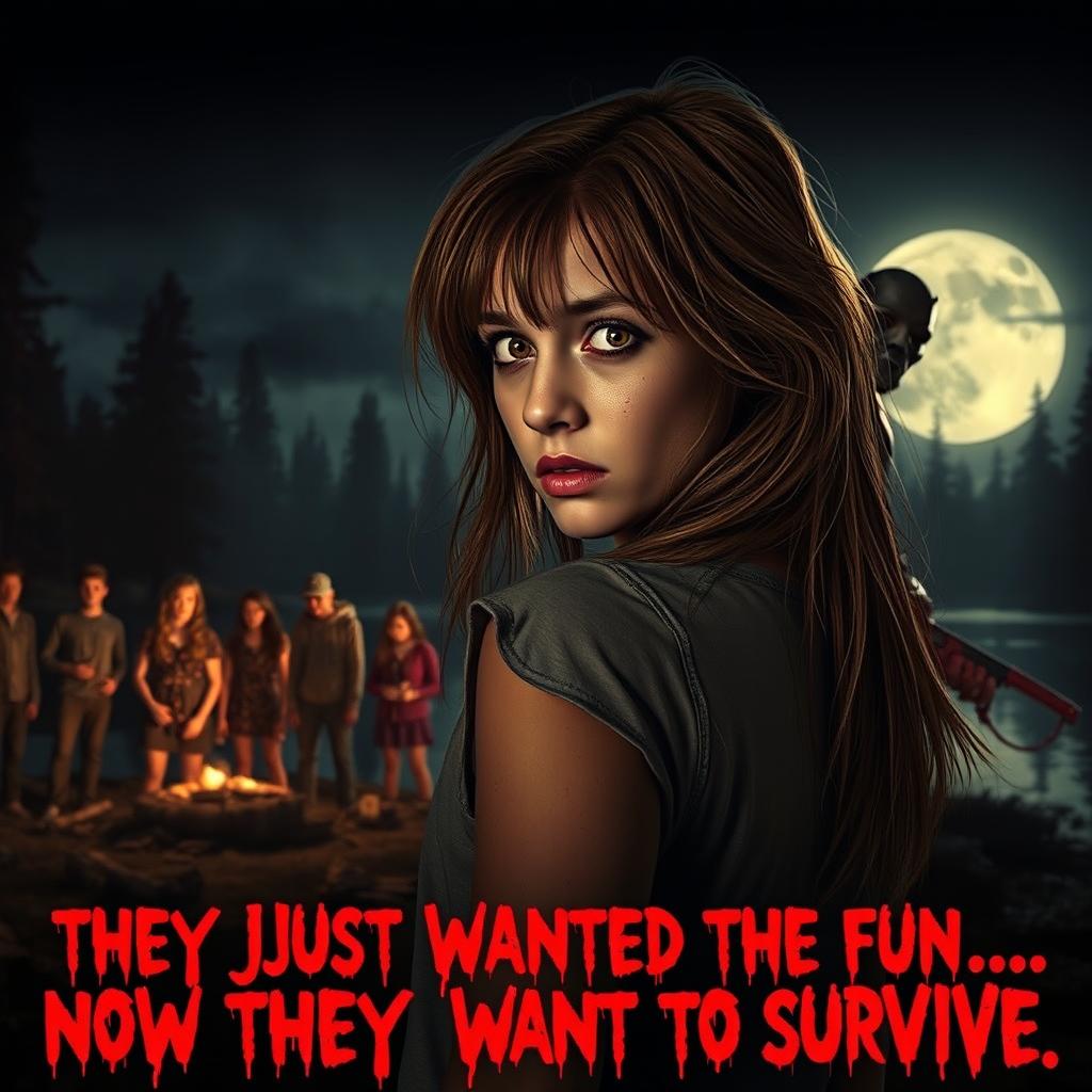 A frightened final girl, looking back over her shoulder with bright amber eyes, long messy hair, and a small cut on her face