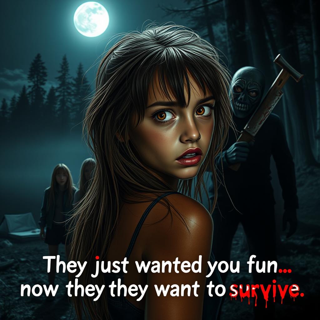 A scared final girl in the center, looking back over her shoulder with large expressive brown eyes, luscious glowing lips, long messy hair, and a small cut on her face