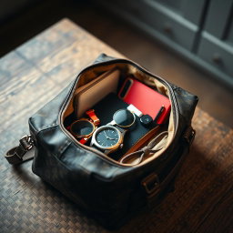 A captivating image showcasing a stylish bag opened slightly, revealing an assortment of colorful personal items spilling out