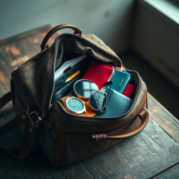 A captivating image showcasing a stylish bag opened slightly, revealing an assortment of colorful personal items spilling out
